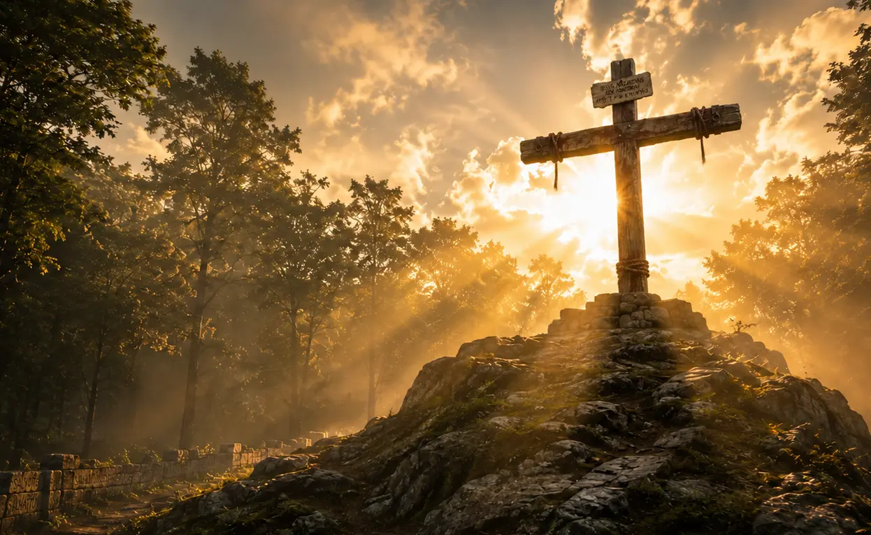 The Cross revealed through the morning woods at Salvation Hill
