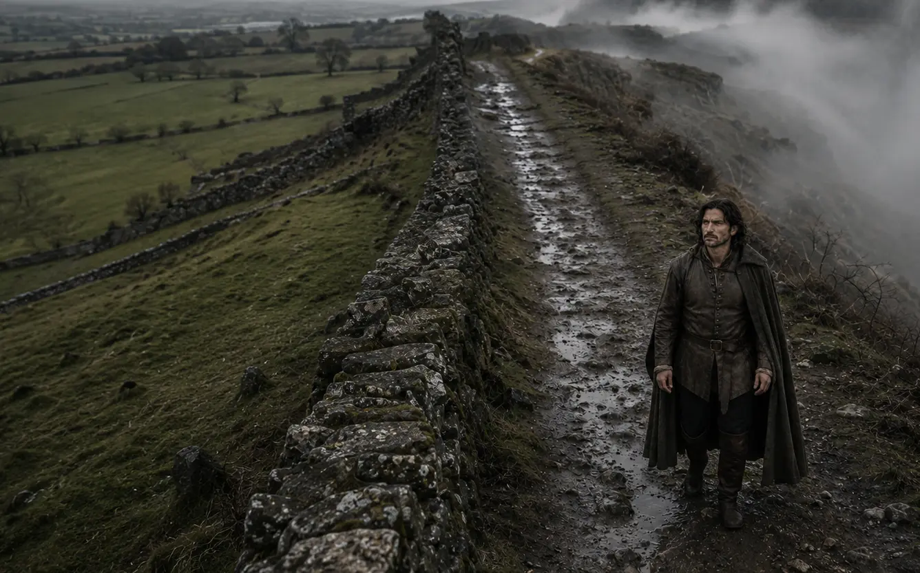 Christian walking the narrow road between stone walls